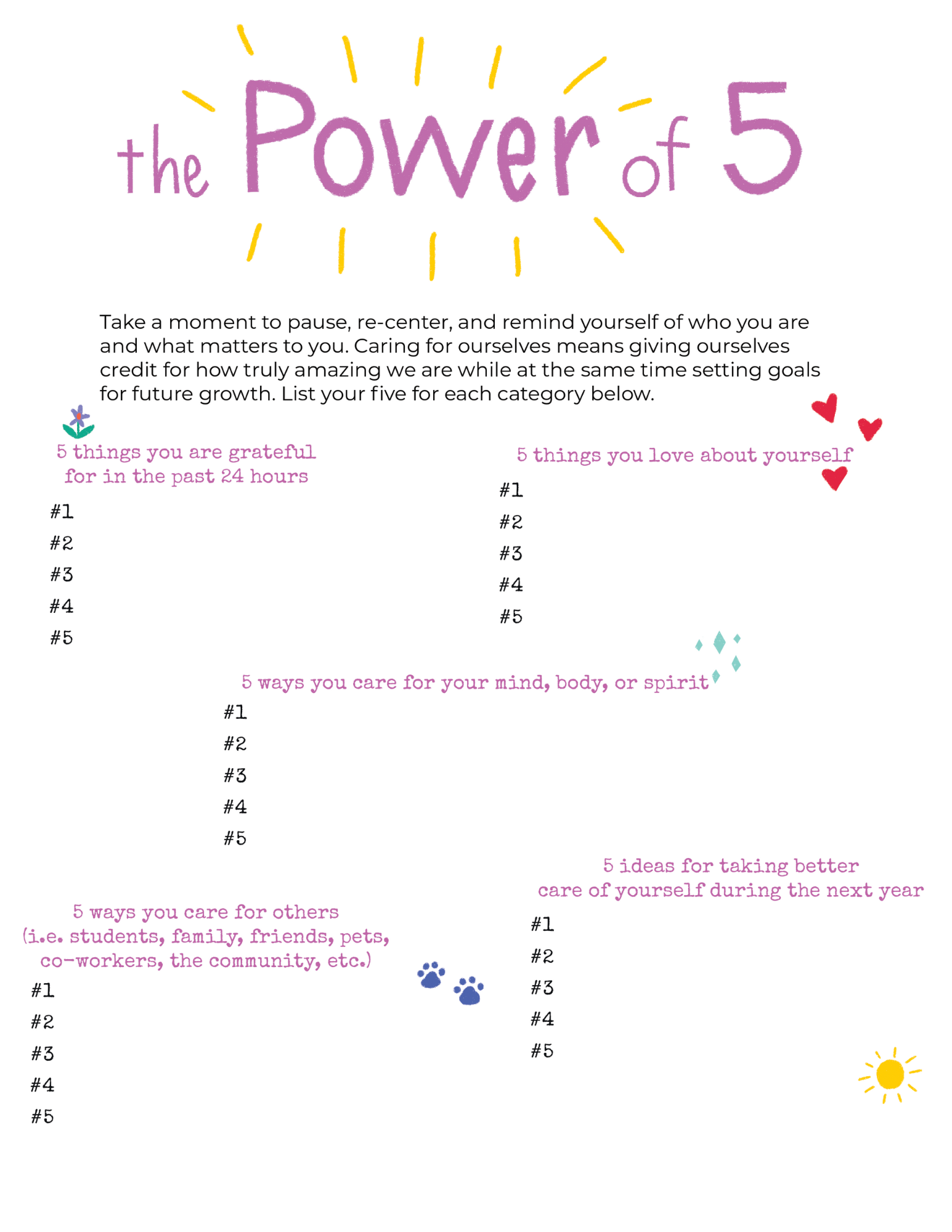 The Power of 5 Activity Page