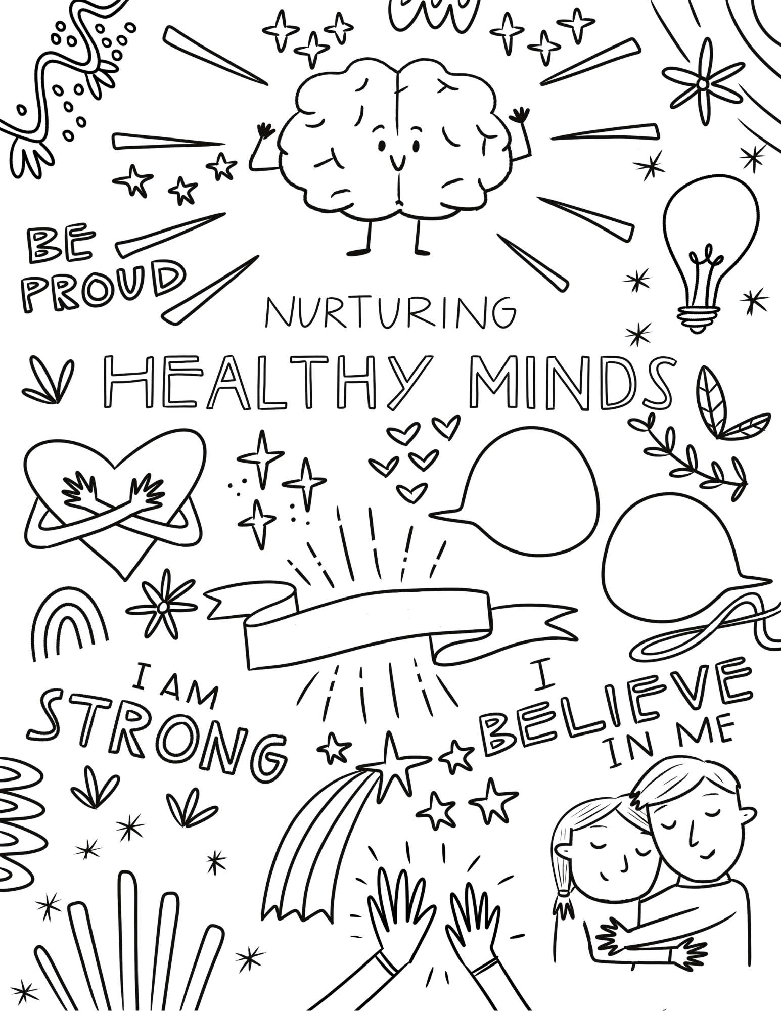 A coloring page with words Nuturing Healthy Minds in the middle