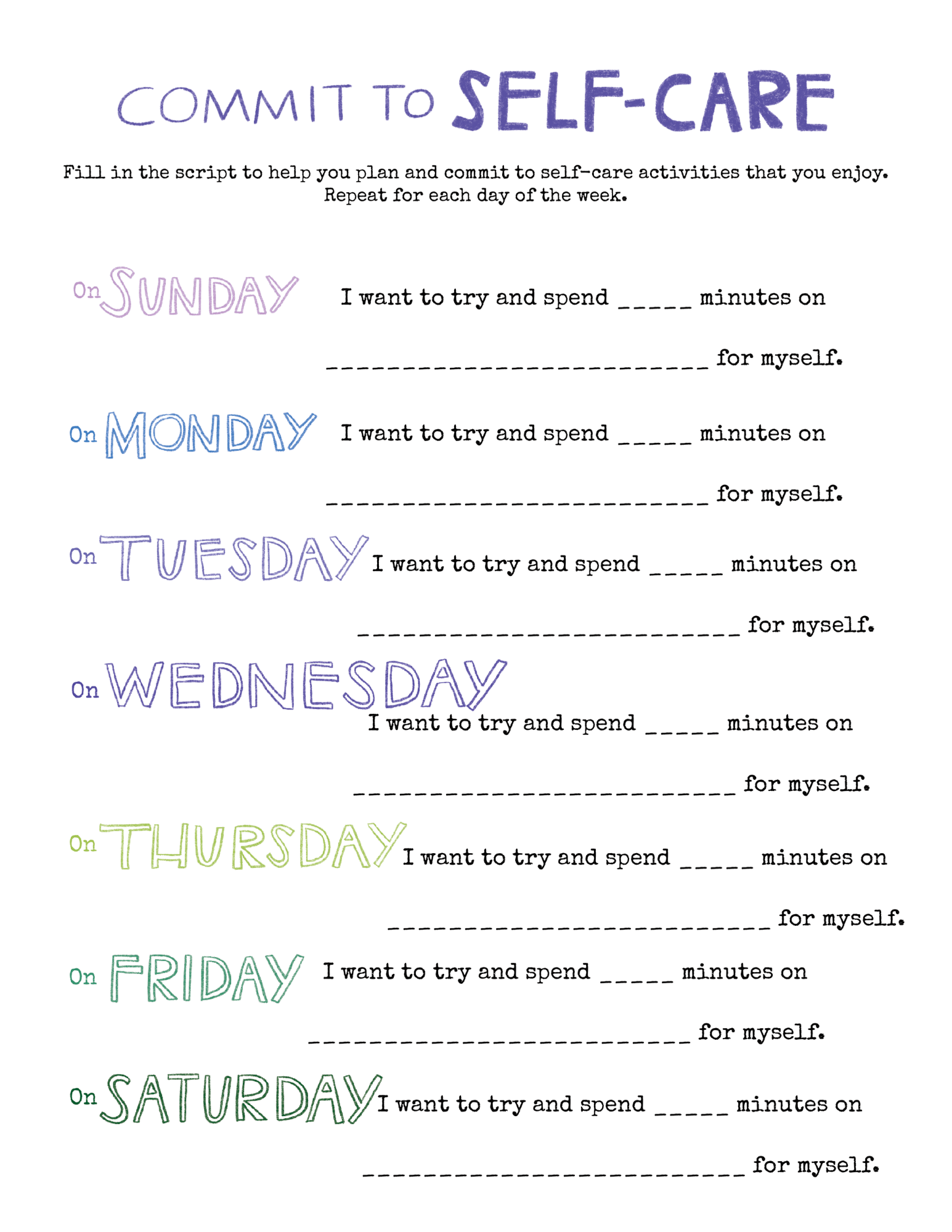 Commit to Self Care Activity with blanks to fill out activities for each day of the week