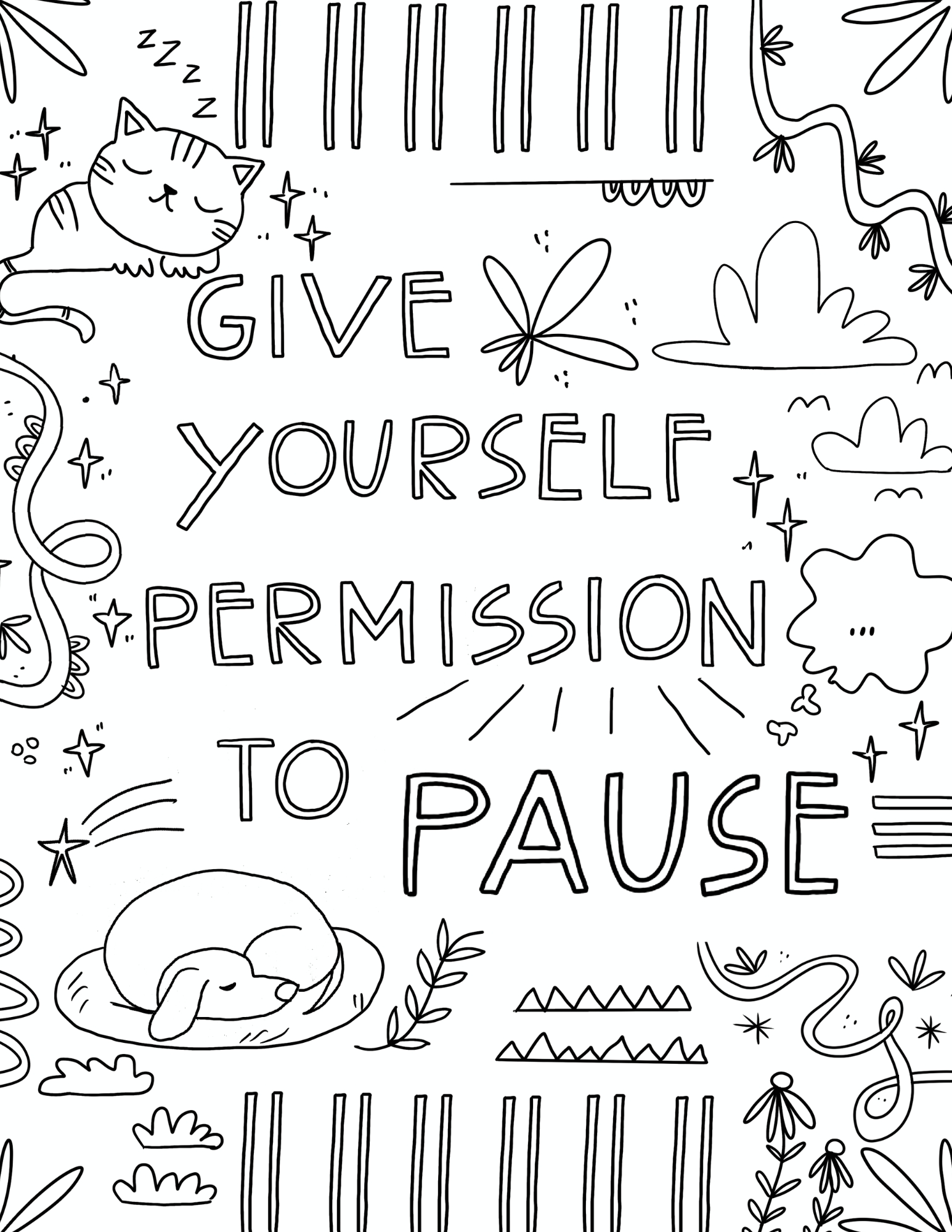 A black and white coloring page with cats, clouds, and other shapes with words [Give Yourself Permission to Pause]