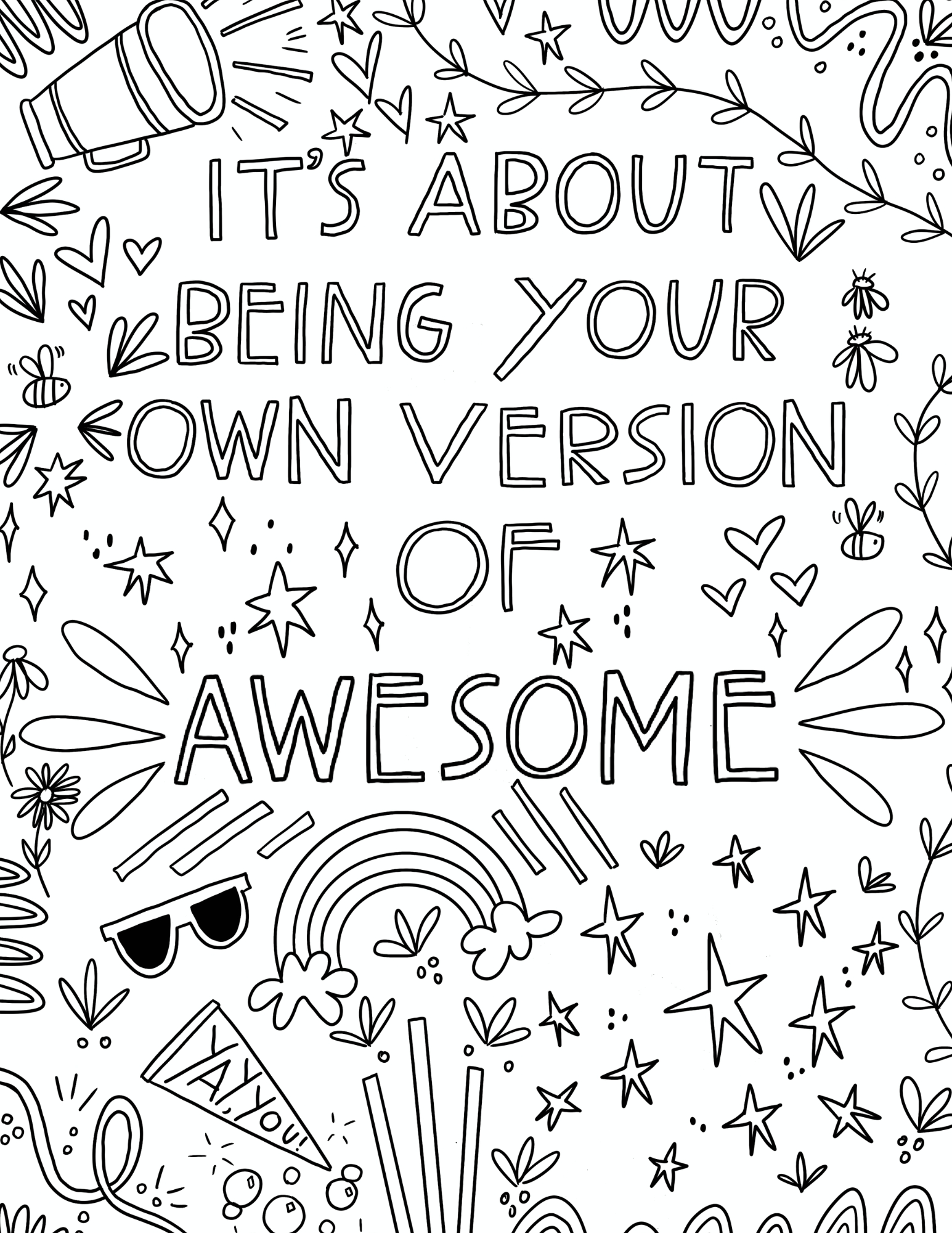 A black and white coloring page with stars, sunglasses, and other shapes with words [It's about being your own version of AWESOME! ]