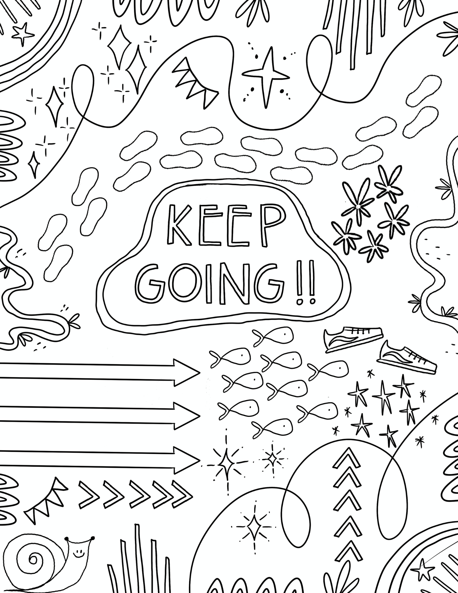 A black and white coloring page with squiggles and other shapes with words [Keep Going!]