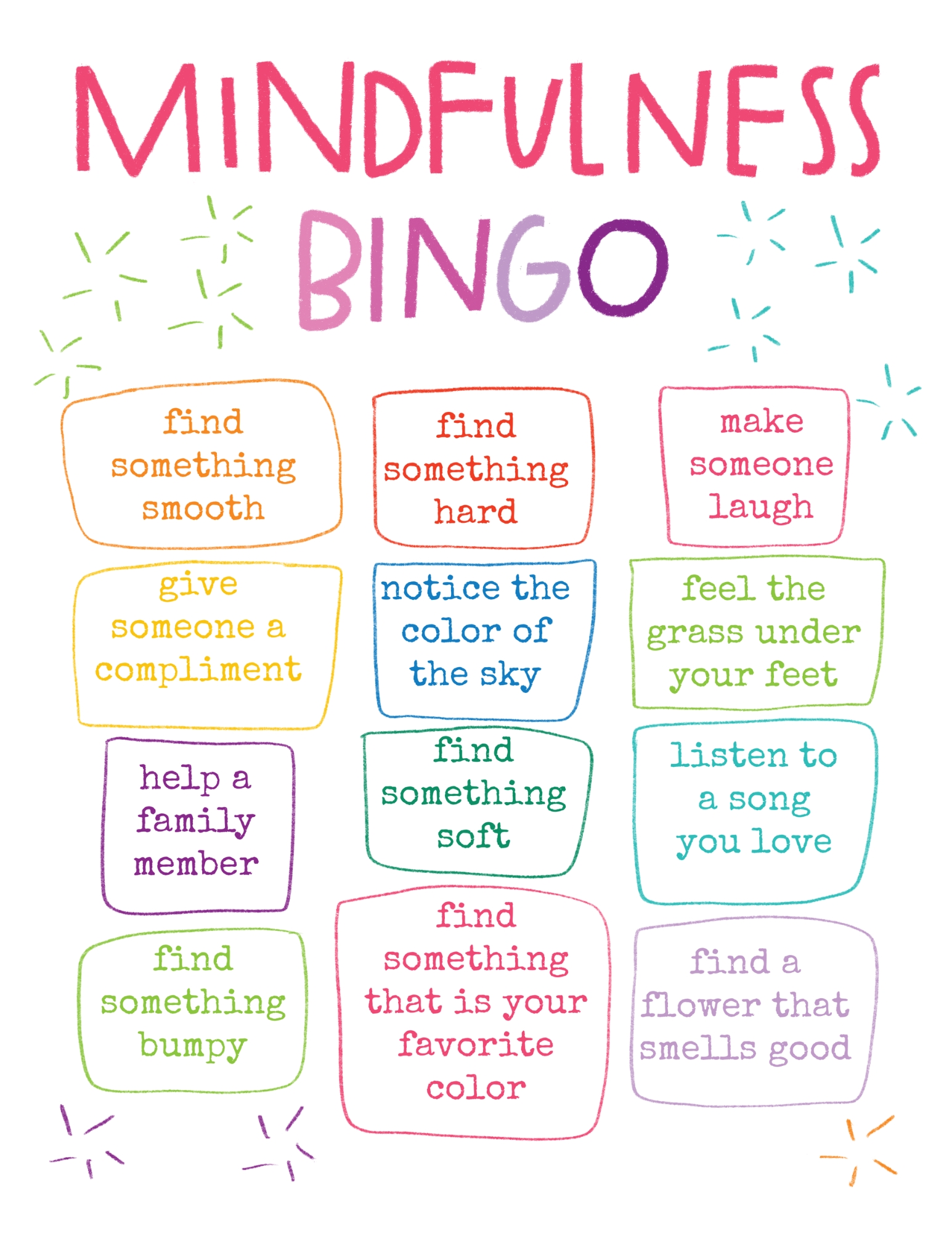 An activity page called "Mindfulness" with colorful spaces with mindfulness activities