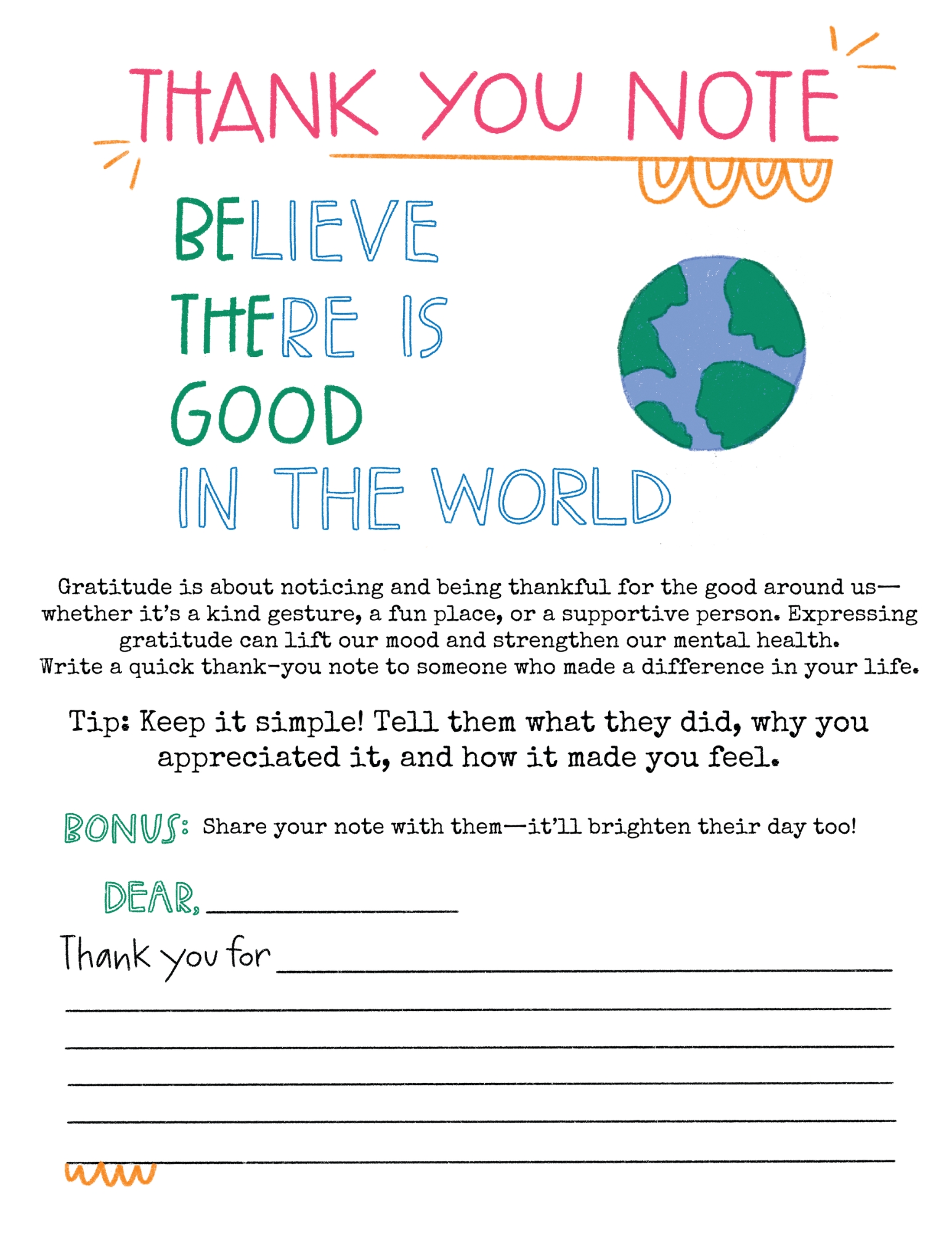 An activity page called "Thank you note: Believe there is good in the world" with space for a note