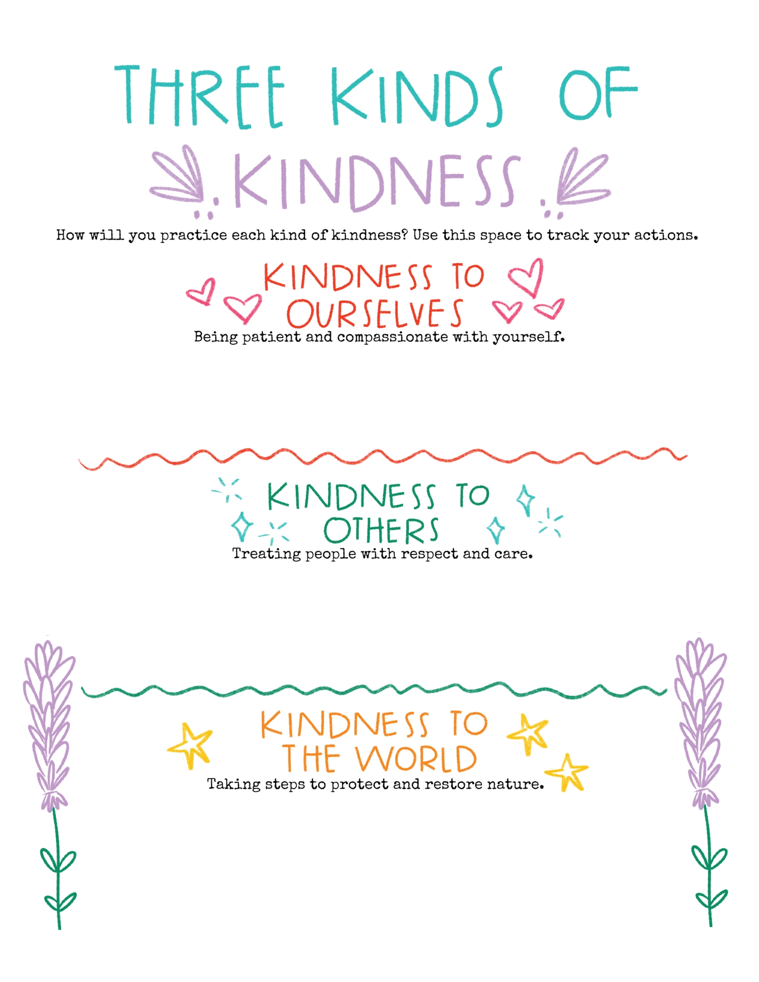 A colorful activity called "Three Kinds of Kindness" with 3 prompts to reflect on kindness 