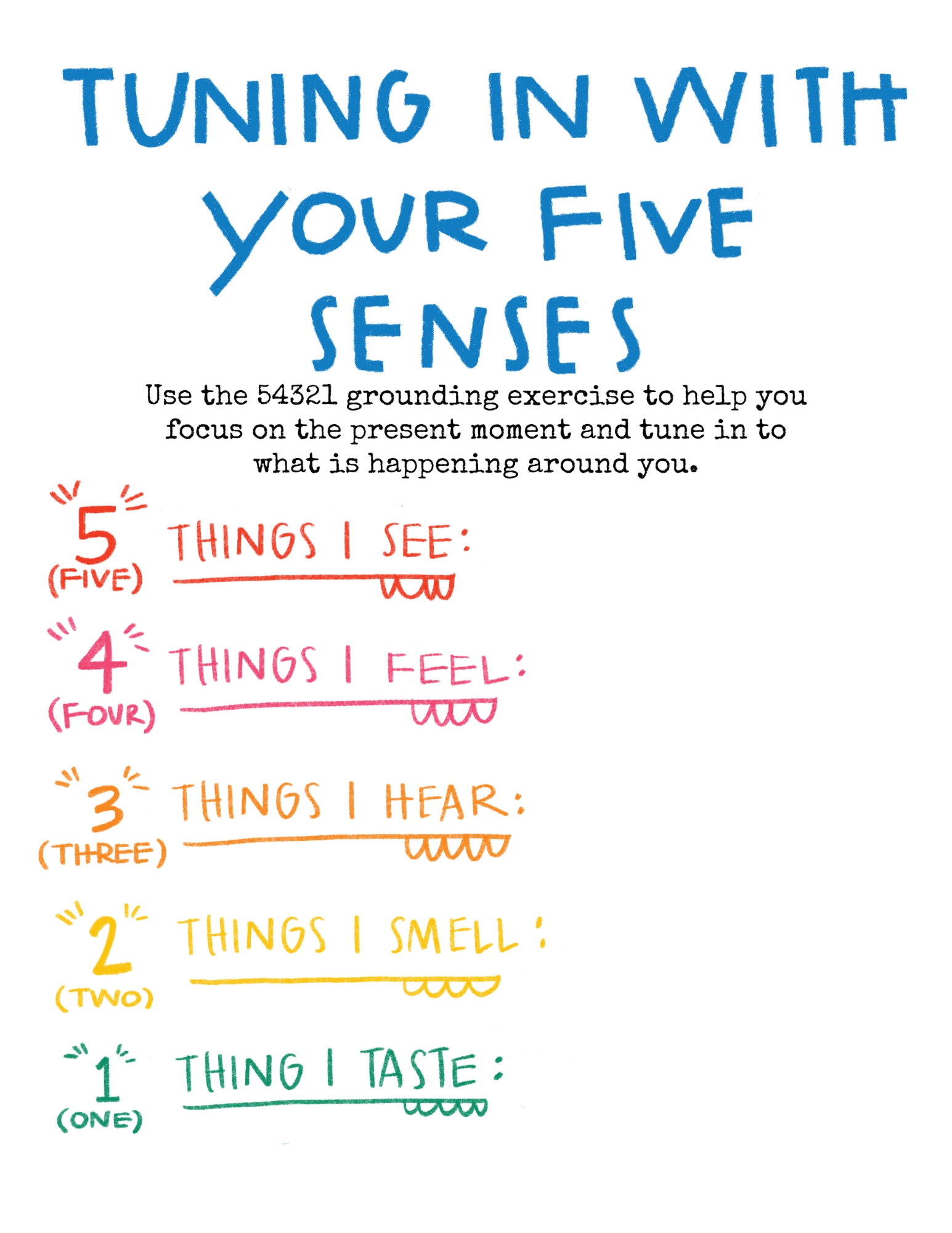 A colorful activity called "Tuning in with Your Five Senses" 