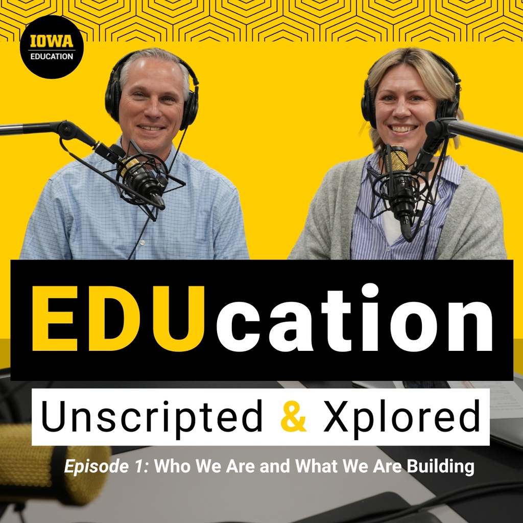 Podcast co-hosts smiling together with mics and headsets; text on graphic [EDUcation Unscripted & Xplored]