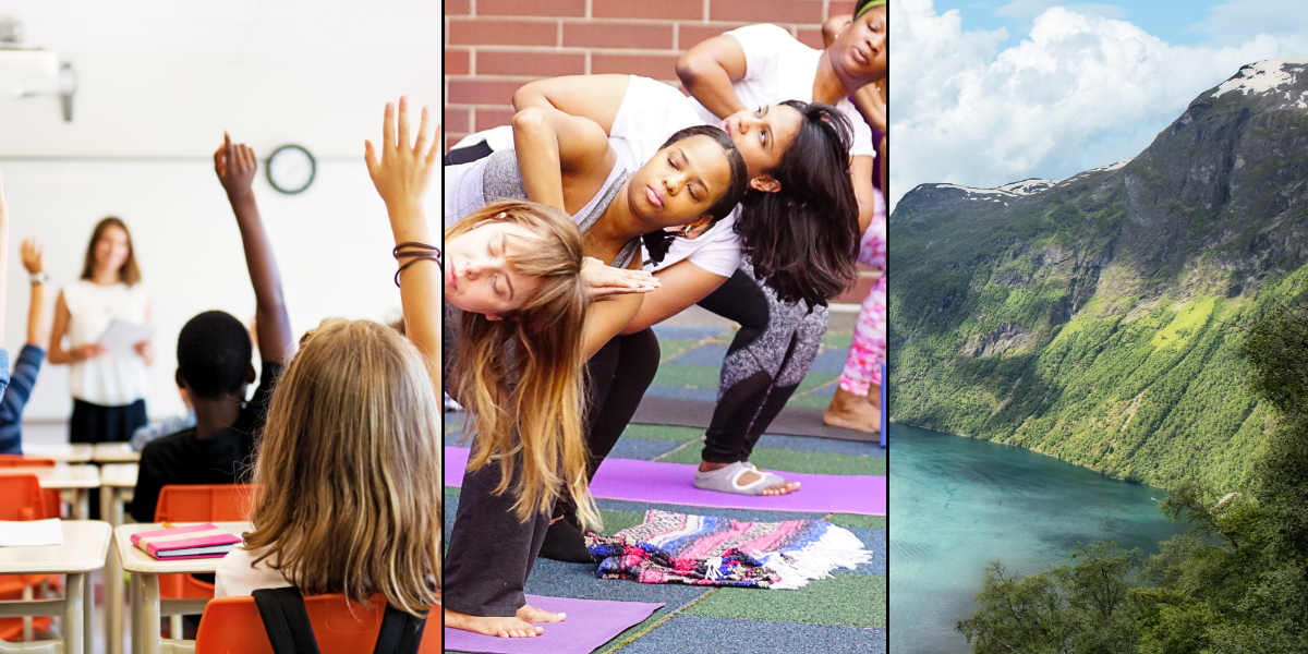 students raising hands in classroom plus educator yoga plus mountains in Norway