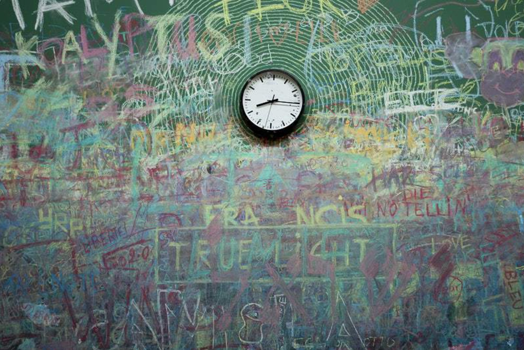 Chalkboard wall with colorful writings and clock
