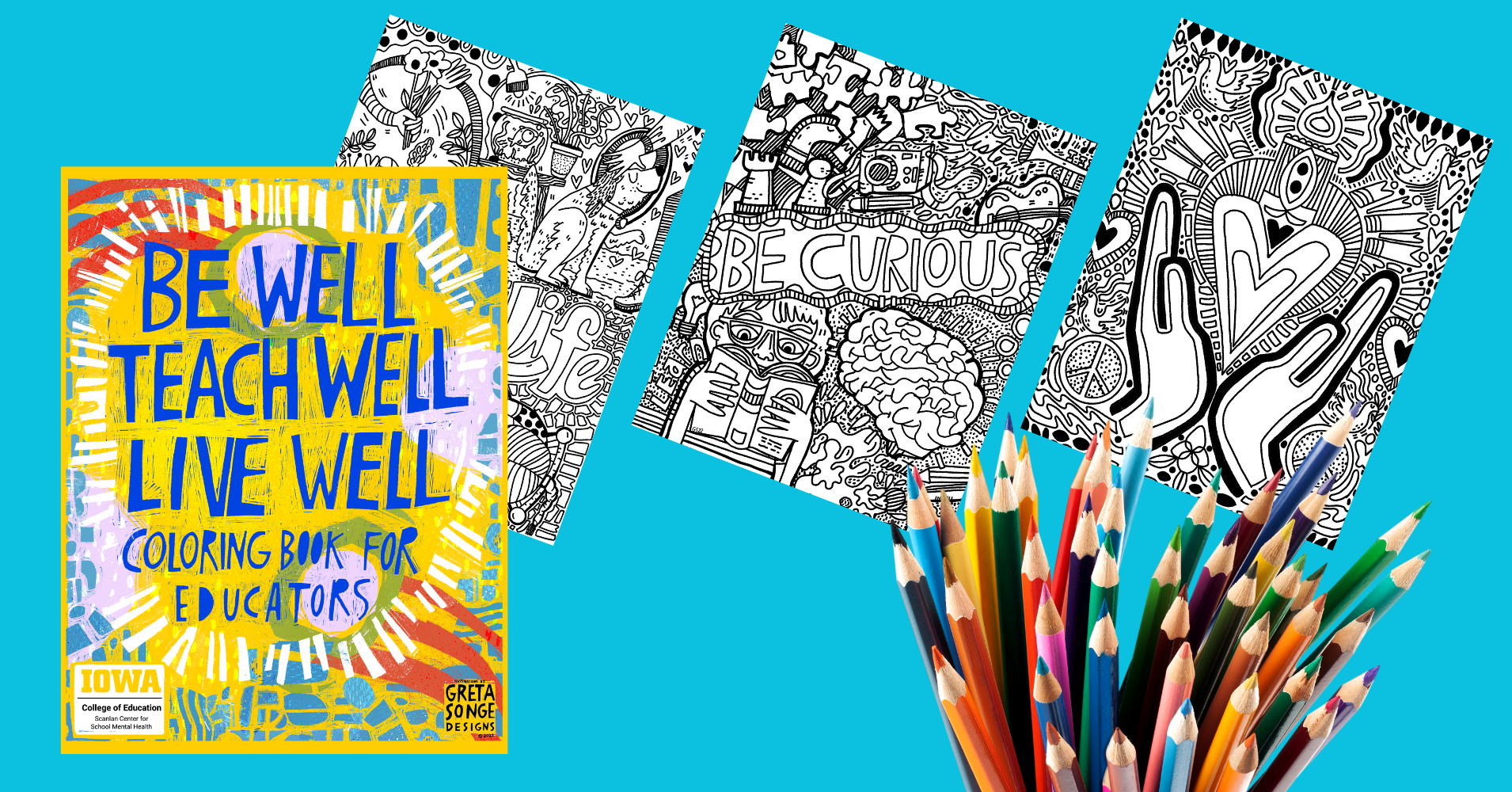 Coloring book, pages, and colored pencils